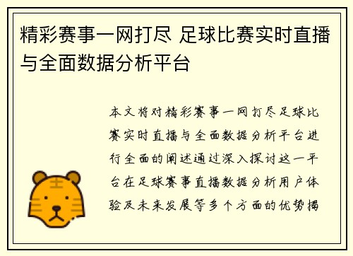 精彩赛事一网打尽 足球比赛实时直播与全面数据分析平台