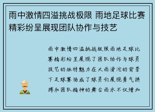 雨中激情四溢挑战极限 雨地足球比赛精彩纷呈展现团队协作与技艺