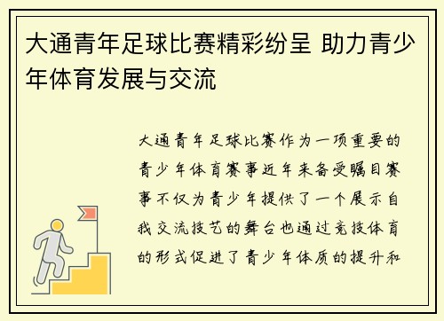 大通青年足球比赛精彩纷呈 助力青少年体育发展与交流