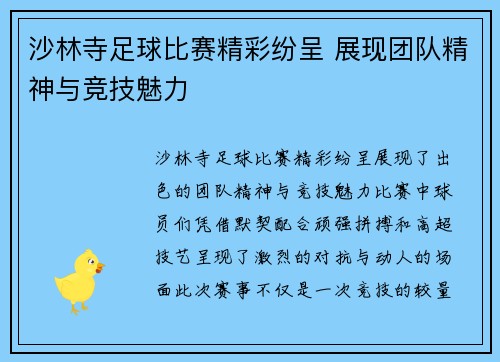 沙林寺足球比赛精彩纷呈 展现团队精神与竞技魅力