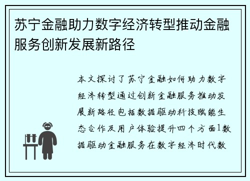 苏宁金融助力数字经济转型推动金融服务创新发展新路径