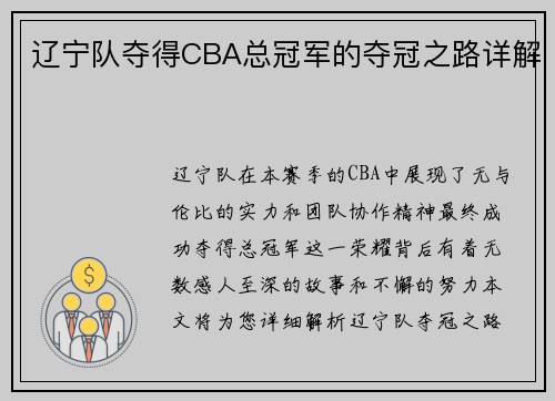 辽宁队夺得CBA总冠军的夺冠之路详解