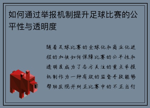 如何通过举报机制提升足球比赛的公平性与透明度