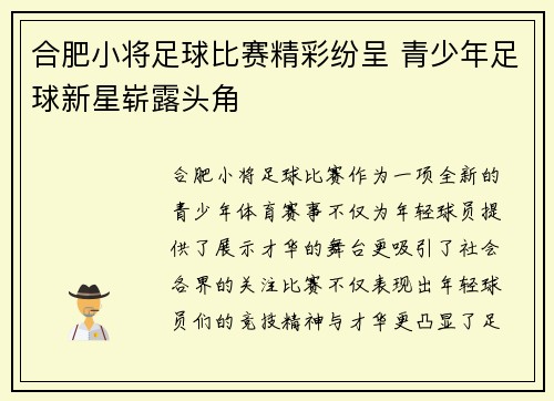 合肥小将足球比赛精彩纷呈 青少年足球新星崭露头角
