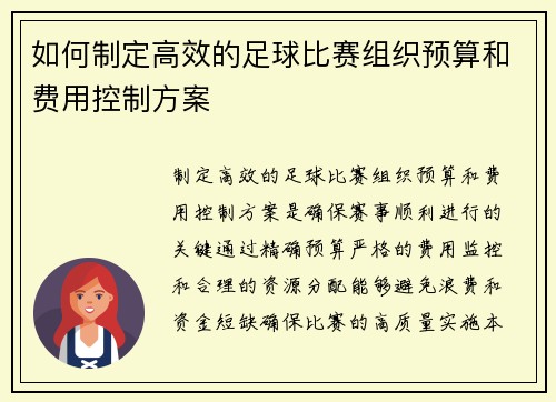 如何制定高效的足球比赛组织预算和费用控制方案