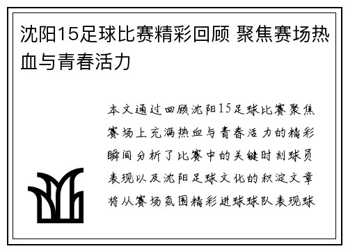 沈阳15足球比赛精彩回顾 聚焦赛场热血与青春活力
