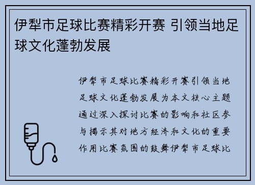 伊犁市足球比赛精彩开赛 引领当地足球文化蓬勃发展