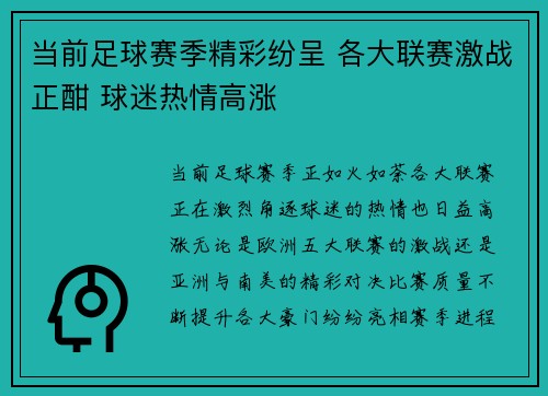 当前足球赛季精彩纷呈 各大联赛激战正酣 球迷热情高涨