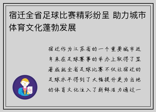 宿迁全省足球比赛精彩纷呈 助力城市体育文化蓬勃发展