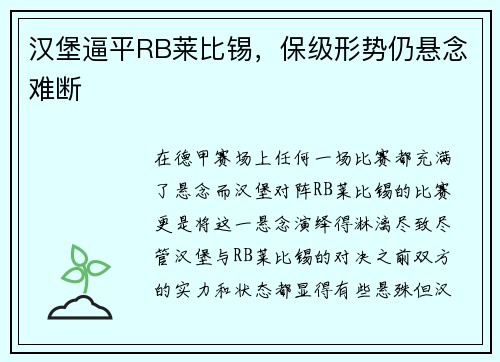 汉堡逼平RB莱比锡，保级形势仍悬念难断