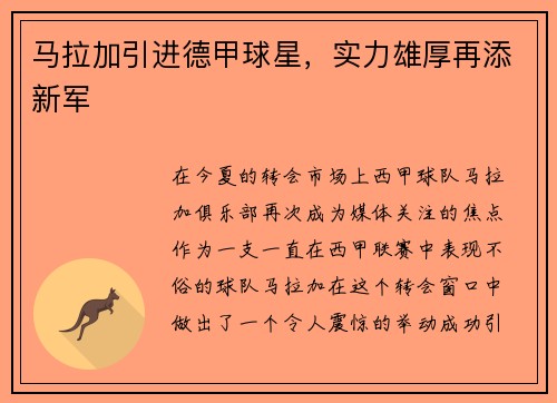 马拉加引进德甲球星，实力雄厚再添新军