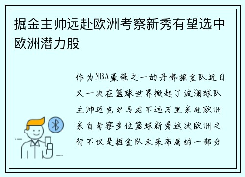 掘金主帅远赴欧洲考察新秀有望选中欧洲潜力股