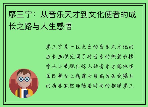 廖三宁：从音乐天才到文化使者的成长之路与人生感悟