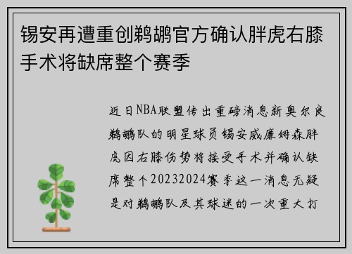 锡安再遭重创鹈鹕官方确认胖虎右膝手术将缺席整个赛季