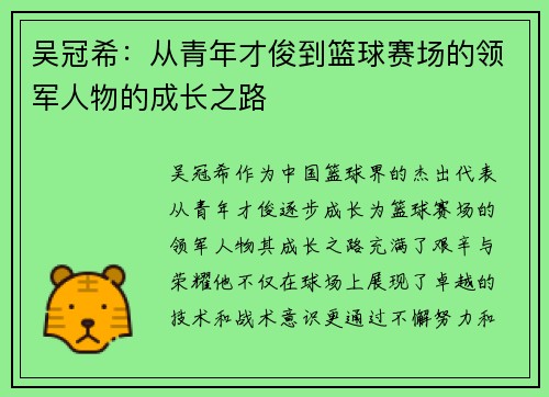 吴冠希：从青年才俊到篮球赛场的领军人物的成长之路