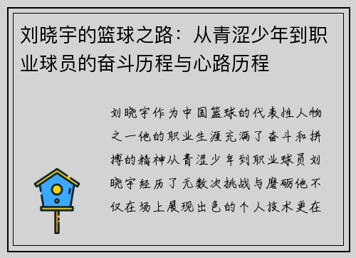刘晓宇的篮球之路：从青涩少年到职业球员的奋斗历程与心路历程