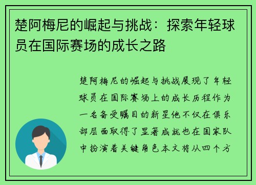 楚阿梅尼的崛起与挑战：探索年轻球员在国际赛场的成长之路