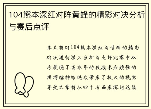 104熊本深红对阵黄蜂的精彩对决分析与赛后点评
