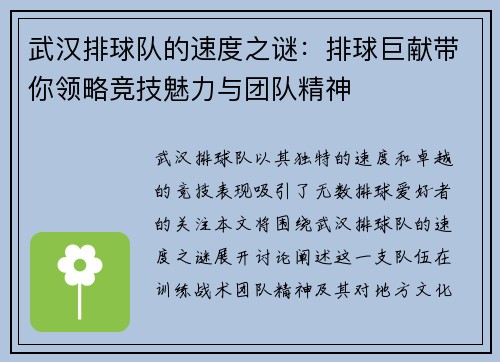 武汉排球队的速度之谜：排球巨献带你领略竞技魅力与团队精神