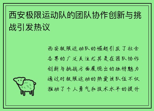 西安极限运动队的团队协作创新与挑战引发热议